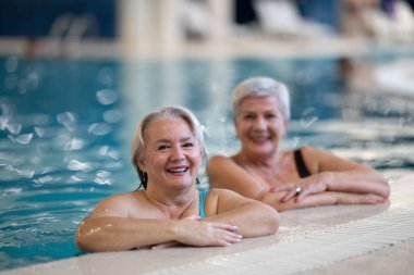 İki son sınıf öğrencisi, havuzda havuza yaslanmış, boş zamanlarının tadını çıkarıyorlar. Arkadaşlık, refah, aktif yaşam tarzı, rahatlama ve sağlıklı yaşlanma kavramı.