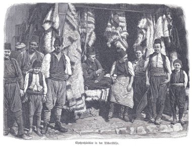 Saraybosna 'daki bir pazarda, hayvan postları ve kırsal pazar ayarıyla çevrili, kürk tüccarları gibi erkek ve erkek çocuklarının oymaları yapılıyor..