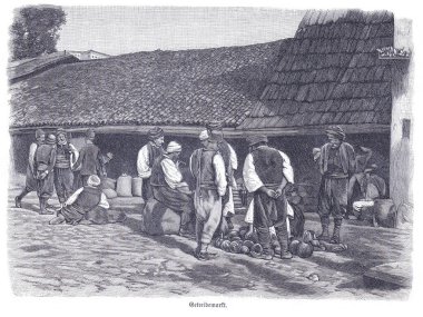 Geleneksel giyinmiş erkeklerin büyük çatılı bir binanın altında toplanıp çuvalların etrafında toplandığı canlı tarihi bir pazar sahnesini tasvir eden bir gravür..
