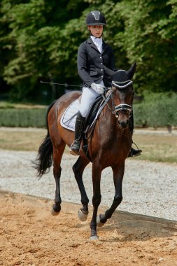 At biniciliği yarışında ata binen bir kadın binicilik sporlarındaki eğitim ve becerilerini sergiliyor. Bu resim atletizm, açık hava aktivitelerinin temaları ve
