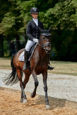 At biniciliği yarışında ata binen bir kadın binicilik sporlarındaki eğitim ve becerilerini sergiliyor. Bu resim atletizm, açık hava aktivitelerinin temaları ve