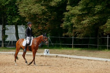 At biniciliği yarışında ata binen bir kadın binicilik sporlarındaki eğitim ve becerilerini sergiliyor. Bu resim atletizm, açık hava aktivitelerinin temaları ve