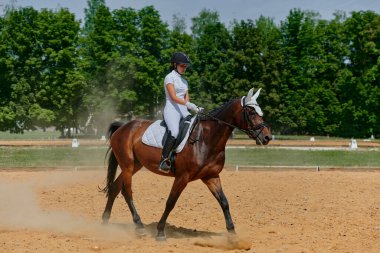 At biniciliği yarışında ata binen bir kadın binicilik sporlarındaki eğitim ve becerilerini sergiliyor. Bu resim atletizm, açık hava aktivitelerinin temaları ve