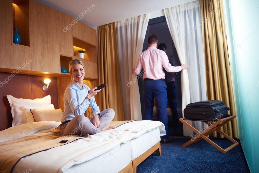 young couple in modern hotel room