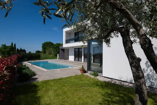 Yüzme havuzlu modern lüks villa ve mavi gökyüzünün altında temiz minimalist mimari. Geniş pencereler, teraslar ve zarif açık hava yaşam alanlarının bulunduğu çağdaş yerleşim alanı..