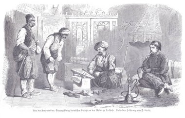 Bosna vergisini Trebinje 'de gösteren tarihi bir gravür. Oturmuş bir adam vergi topluyor, geleneksel elbiseli gözlemciler ve nargile yakınında Osmanlı dönemini yansıtan sosyal bir grup..