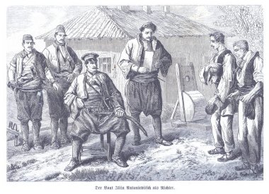 Ilija Antonijeviç 'in, Balkanların kırsal kesiminde geleneksel giysiler içinde oturan yetkililer ve köylüler tarafından çevrelenmiş, mahkeme salonu ve toplumsal otoritenin ele geçirildiği tarihi bir sahne.