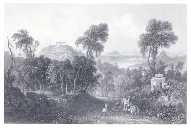 Askerler ve binicilerin harap olmuş bir duvara ve uzak bir tepedeki tapınağa yaklaşıp doğa, tarih ve keşiflerin sakin bir sahnede harmanlandığı klasik bir oyma..