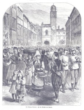 19. yüzyılda Ragusa 'da, şimdi Dubrovnik' te, sepetli, çocuklu, askerli ve kasaba halkının şehir kapısı ve saat kulesinin yakınında toplandığı canlı bir sokak sahnesi..