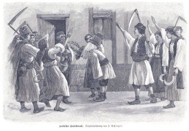 Geleneksel Sırp kıyafetleri içinde bir grup köylü, hasatı tırpanlarla ve törensel çelenklerle kutlamak üzere kapı eşiğinde toplanıyor. Sahne, toplumsal gurur, gelenek ve şenlikli kırsal kesimi yansıtıyor.