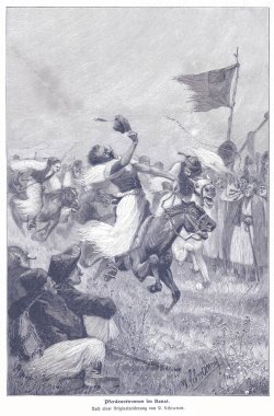 Banat 'ta hızlı bir at yarışının tarihsel çizimi, öne doğru koşan sürücüler, dalgalanan bir bayrak, tezahürat yapan kalabalık ve klasik oymacılık tarzında çekilen dinamik hareket.