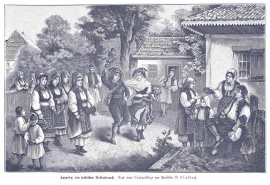 Festivalsel bir Sırp Slava sahnesinde geleneksel elbiseli aileler ve komşular, dansçılar ve köy evlerinin yakınındaki neşeli ritüeller gösteriliyor..