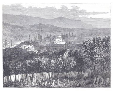 Bosna 'da bir manzara ön planda bir mezarlık, ağaçlar, kubbeli bir cami ve uzak dağların hakim olduğu bir kasaba merkezi gösteriyor. Tarihi bir atmosferi olan dingin, kültürel açıdan zengin bir manzara..