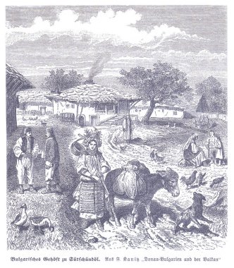 Köylüleri, tarım hayatını ve hayvanları gösteren kırsal bir 19. yüzyıl Bulgar köyü sahnesi. Kadınlar, erkekler ve çocuklar, barışçıl bir kırsalda atlar, tavuklar ve sazdan yapılmış binaların arasına karışıyor.