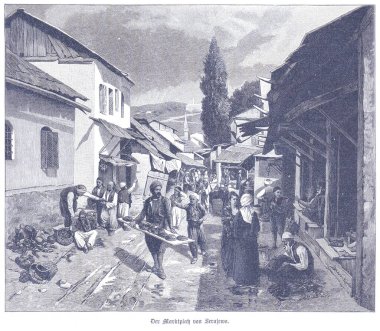 Saraybosna 'da tarihi bir pazar caddesi, satıcılar, müşteriler ve geleneksel kıyafetlerle kalabalık dolu, zamansız bir ortamda günlük hayatın tadını çıkarıyor..