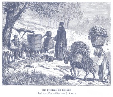 Köylülerin gül topladığı, sepet taşıdığı ve gül yağı elde etmek için ahşap pres kullandığı 19. yüzyıldan kalma kırsal bir manzara. Sessiz, kırsal atmosfer geleneksel kokuyu vurgular