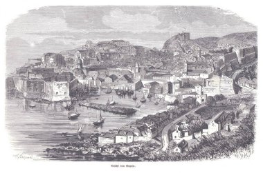 Dubrovniks 'in limanı ve teraslı kasabasının eski bir gravürü. Kıyı boyunca çapa, taş duvarlar ve dolambaçlı caddelerde bulunan tekneleri gösteriyor. Seyahat ve miras temaları için mükemmel bir tarihi manzara.