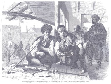 Türk askerlerinin yerlilerle kaynaştığı Trebinje 'deki kalabalık bir meyhaneyi gösteren ayrıntılı bir gravür. Aileler ve gezginler ateşin yanında toplanıp gergin, tarihi bir atmosfer yaratıyorlar..