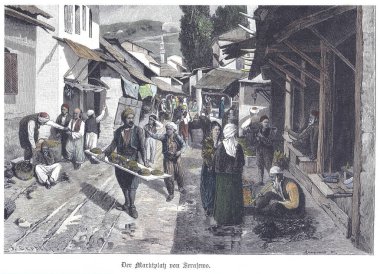 Saraybosna 'da ekmek ve ürün satan satıcılarla dolu hareketli bir sokak pazarı, alışveriş yapanlar ve yoldan geçenler ve eski tarz bir resimde ele geçirilen sokak hayatı.