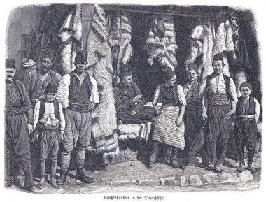 Geleneksel Bosnalı erkek ve çocukları gösteren tarihi bir sahne Bascarsija semtindeki tezgah ve kürklerin etrafında dikilip, Sarajevos 'taki eski pazar yerinde günlük yaşamı ve mirası ele geçiriyorlar..