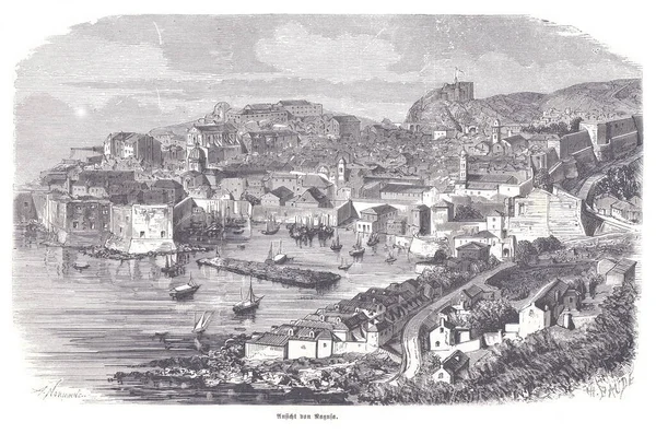 Dubrovniks 'in limanı ve teraslı kasabasının eski bir gravürü. Kıyı boyunca çapa, taş duvarlar ve dolambaçlı caddelerde bulunan tekneleri gösteriyor. Seyahat ve miras temaları için mükemmel bir tarihi manzara.