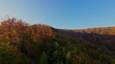 Canlı bir sonbahar ormanı boyunca manzaralı bir dağ bisikletli patikada heyecan verici bir yolculuk, berrak mavi gökyüzünün altındaki uzak şehrin nefes kesen panoramik manzarasıyla son buluyor..