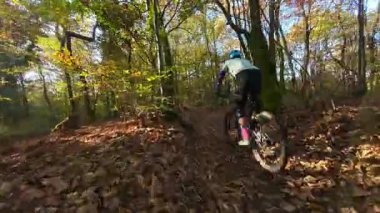 Bir dağ bisikletçisi canlı bir sonbahar ormanında zorlu bir patikada yol alır. Aktif açık hava sporunun tadını çıkarırken, kökleri ve düşmüş yaprakların üzerinde sürerler, doğanın heyecanını ve egzersizlerini yaşarlar..