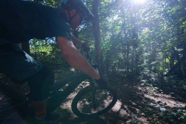Kask takan bir bisikletçi güneşli orman yolunda elektrikli dağ bisikleti sürüyor. Aksiyon çekimi odak, hareket ve açık hava macerasının heyecanını yakalar..