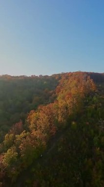 Canlı bir sonbahar ormanı boyunca manzaralı bir dağ bisikletli patikada heyecan verici bir yolculuk, berrak mavi gökyüzünün altındaki uzak şehrin nefes kesen panoramik manzarasıyla son buluyor..