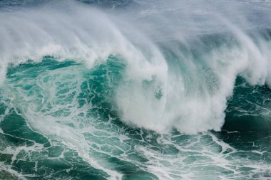 Güçlü bir kıyı dalgası beyaz köpük ve sprey şeklinde kıvrılarak turkuaz renklerde açılır. Denizin ham enerjisini yakalar, spor, seyahat, doğa ve okyanus esinlenilmiş pazarlama görselleri için idealdir..