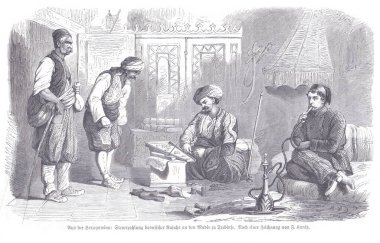 Bosna vergisini Trebinje 'de gösteren tarihi bir gravür. Oturmuş bir adam vergi topluyor, geleneksel elbiseli gözlemciler ve nargile yakınında Osmanlı dönemini yansıtan sosyal bir grup..