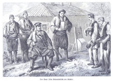 Ilija Antonijeviç 'in, Balkanların kırsal kesiminde geleneksel giysiler içinde oturan yetkililer ve köylüler tarafından çevrelenmiş, mahkeme salonu ve toplumsal otoritenin ele geçirildiği tarihi bir sahne.