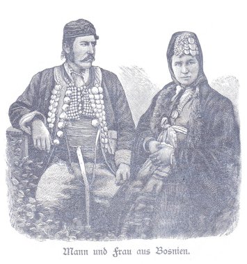 Bosnalı bir erkek ve kadını zengin geleneksel kostümler içinde gösteren klasik bir resim. Yan yana otururlar, katmanlı giysiler, mücevherler ve bölgesel halkı yansıtan ayırt edici başlıklar giyerler.