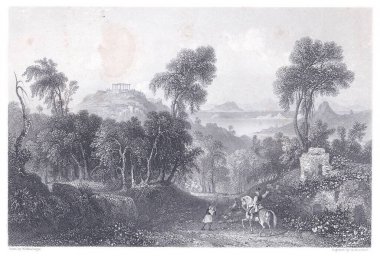 Bir tepenin üzerindeki antik kalıntıları, sık ağaçları ve bir yol boyunca at sırtında gezenleri gösteren sakin bir tarihi manzara, keşifleri ve zamansız kırsal bölgeleri çağrıştırıyor..