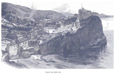 Dubrovniks 'in uçurum kenarındaki kale ve taş kent manzarası, kıyıları saran antik duvarlar ve ötesinde sakin bir deniz. Miras, seyahat ve Akdeniz için mükemmel.