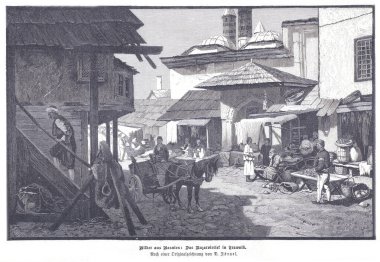Tarihi bir Travnik pazarının siyah-beyaz gravürü. Tüccarlar, eşekler, at arabaları ve müşteriler kaldırım taşından bir caddeyi doldururken, kubbeli camiler arka planda yükselerek günlük yaşamı ve Boşnakları yakalıyorlar.
