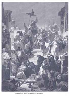 Mekke 'de bir kalabalığı gösteren tarihi bir sahne. Muhammed putların yıkımına önderlik ediyor. Duyguları, bağlılığı ve ayaklanmayı dönüştürücü bir dini anda yakalıyor..