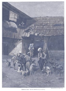 Sazlı bir kulübe ve kırsal binaların önünde köylüleri gösteren sakin bir kırsal manzara, günlük yaşamı ve köy yaşamının ortak, nostaljik atmosferini yakalıyor..