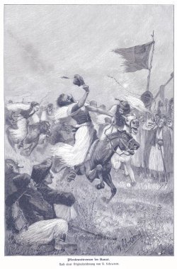 Banat 'ta hızlı bir at yarışının tarihsel çizimi, öne doğru koşan sürücüler, dalgalanan bir bayrak, tezahürat yapan kalabalık ve klasik oymacılık tarzında çekilen dinamik hareket.