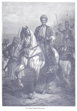 Silahlı muhafızlar ve askerlerle çevrili beyaz bir atın üzerindeki Osmanlı süvari komutanının detaylı bir tarihi çizimi. Sahne, cesaret, liderlik ve kültür mirası temalarını çağrıştırıyor.