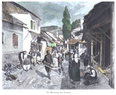 Satıcılar, müşteriler ve geleneksel kıyafetlerle dolu kalabalık bir Saraybosna market sokağının canlı bir manzarası. Sepet, ekmek ve hareketli etkinliklerle dolu tarihi, açık hava pazarında günlük hayata bir bakış..