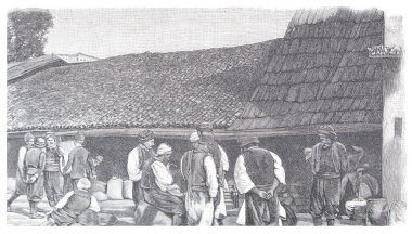 Saraybosna 'nın canlı, tarihi pazarı geleneksel elbiseli köylülerin sazdan çatılı bir binanın önünde toplandığını gösteriyor. Kırsal bir ortamda günlük hayatın, kültürün ve topluluğun bir fotoğrafı..