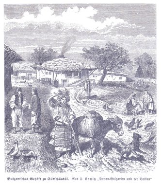 Köylüleri, tarım hayatını ve hayvanları gösteren kırsal bir 19. yüzyıl Bulgar köyü sahnesi. Kadınlar, erkekler ve çocuklar, barışçıl bir kırsalda atlar, tavuklar ve sazdan yapılmış binaların arasına karışıyor.