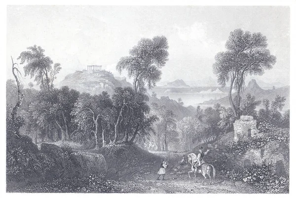 Askerler ve binicilerin harap olmuş bir duvara ve uzak bir tepedeki tapınağa yaklaşıp doğa, tarih ve keşiflerin sakin bir sahnede harmanlandığı klasik bir oyma..