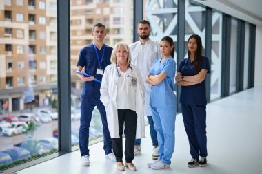 Beş sağlık uzmanı parlak, ferah bir hastane koridorunda toplandı. Önlük giyip dışarıdaki işlek sokağı gözlemlerken görevlerini tartışıyorlar..