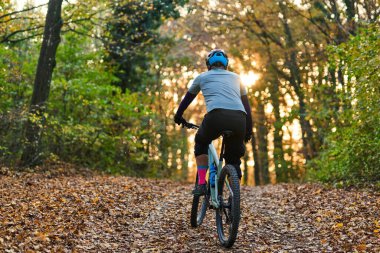 Bir bisikletçi sonbahar boyunca yapraklarla kaplı bir orman yolu boyunca dağ bisikleti sürer. Güneş ışığı ağaçların arasından süzülür. Miğfer ve renkli çoraplar giyen sürücü, açık havada hareketli bir anın tadını çıkarır..