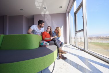 Öğrenci grubu okul projesinde birlikte çalışıyor.