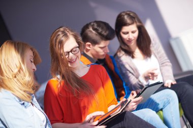 Öğrenci grubu okul projesinde birlikte çalışıyor.