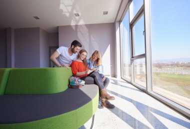 Öğrenci grubu okul projesinde birlikte çalışıyor.