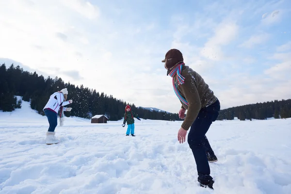 Счастливая Молодая Семья Играющая Свежем Снегу Красивый Солнечный Зимний День — стоковое фото